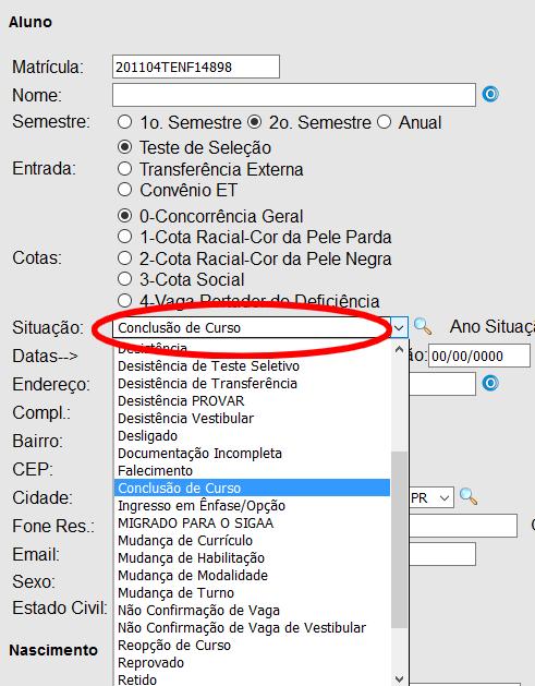 Altere a situação do aluno para Conclusão