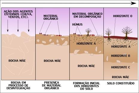 depressões e 6 áreas de planícies. Classificação de Jurandyr Ross Formação dos solos Basicamente, os solos formam-se a partir do processo de decomposição das rochas de origem, chamadas de rochas mãe.