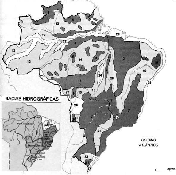 b) As faixas de dobramento do ciclo brasiliano apresentam áreas desgastadas pela erosão apesar de revelar aspecto serrano em grandes extensões.
