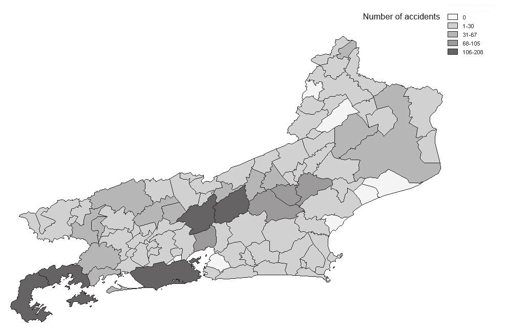 Figure 1. Spatial distribution of snakebites in Rio de Janeiro state between 2001 and 2006 (source: MS/SVS/ SINAN). Figure 2.