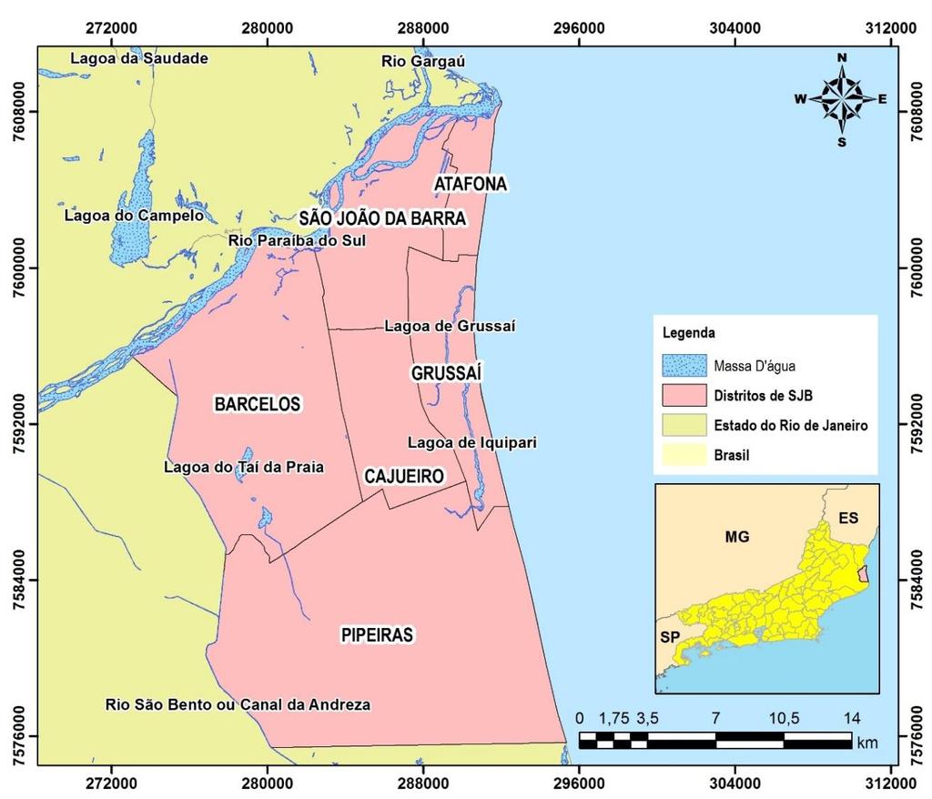 Figura 1: Localização e divisão territorial do município de São João da Barra RJ Segundo dados do Censo do IBGE (2010), São João da Barra possuía 32.