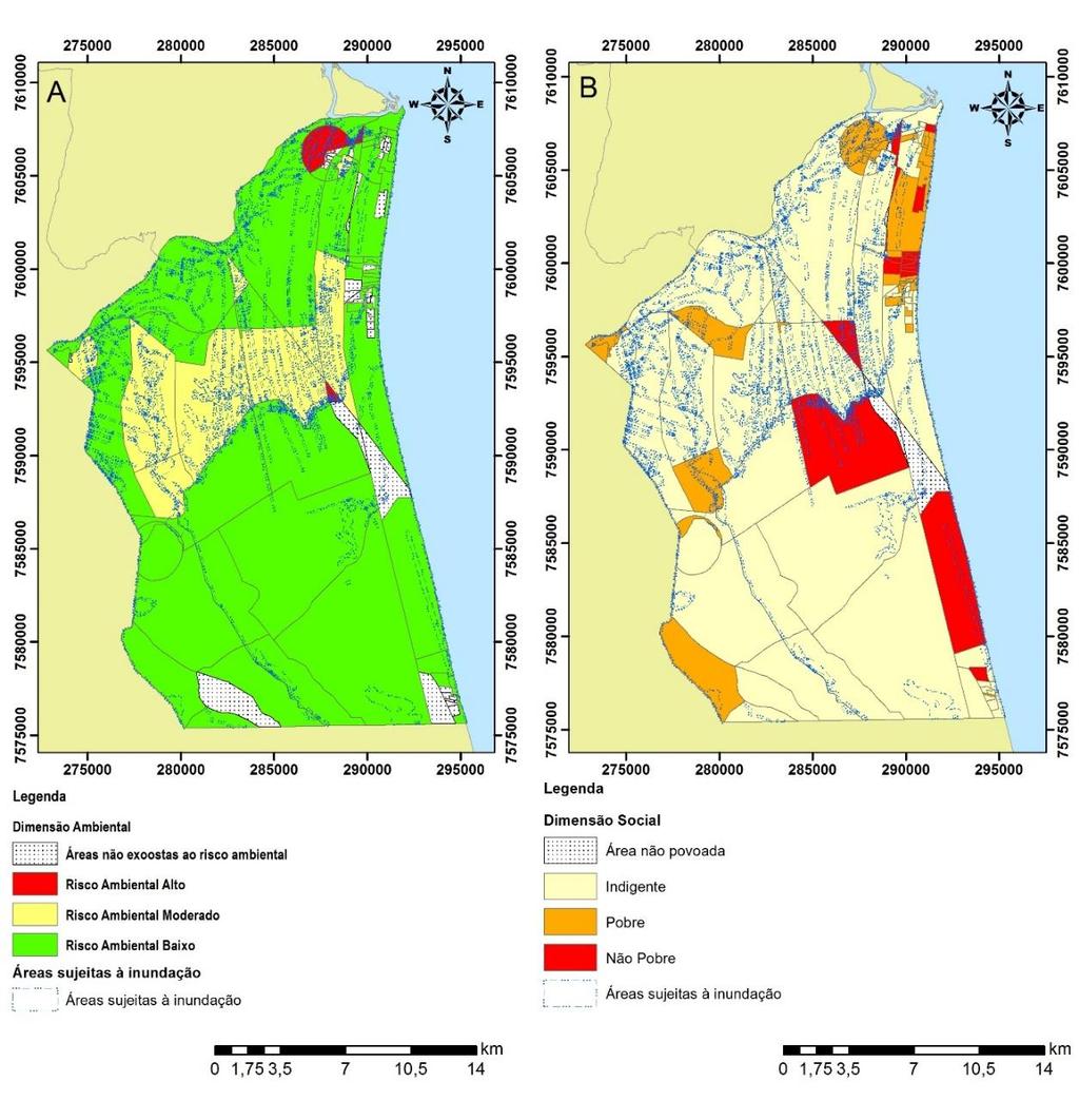 Figura 2: Sobreposição espacial das cartografias de risco ambiental e distribuição das categorias socioeconômicas à malha de setores censitários de São João da Barra -2010 Combinando as duas