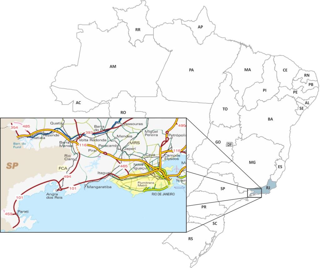 49 4 ESTUDO DE CASO: TRECHO SUL DA BR-101 NO ESTADO DO RIO DE JANEIRO 4.1 A BR-101 ENTRE O MUNICÍPIO DE MANGARATIBA, RJ E A DIVISA DOS ESTADOS DO RIO DE JANEIRO E SÃO PAULO 4.1.1 Localização O trecho da rodovia BR-101 analisado do presente trabalho é localizado na porção sul do litoral do estado do Rio de Janeiro.