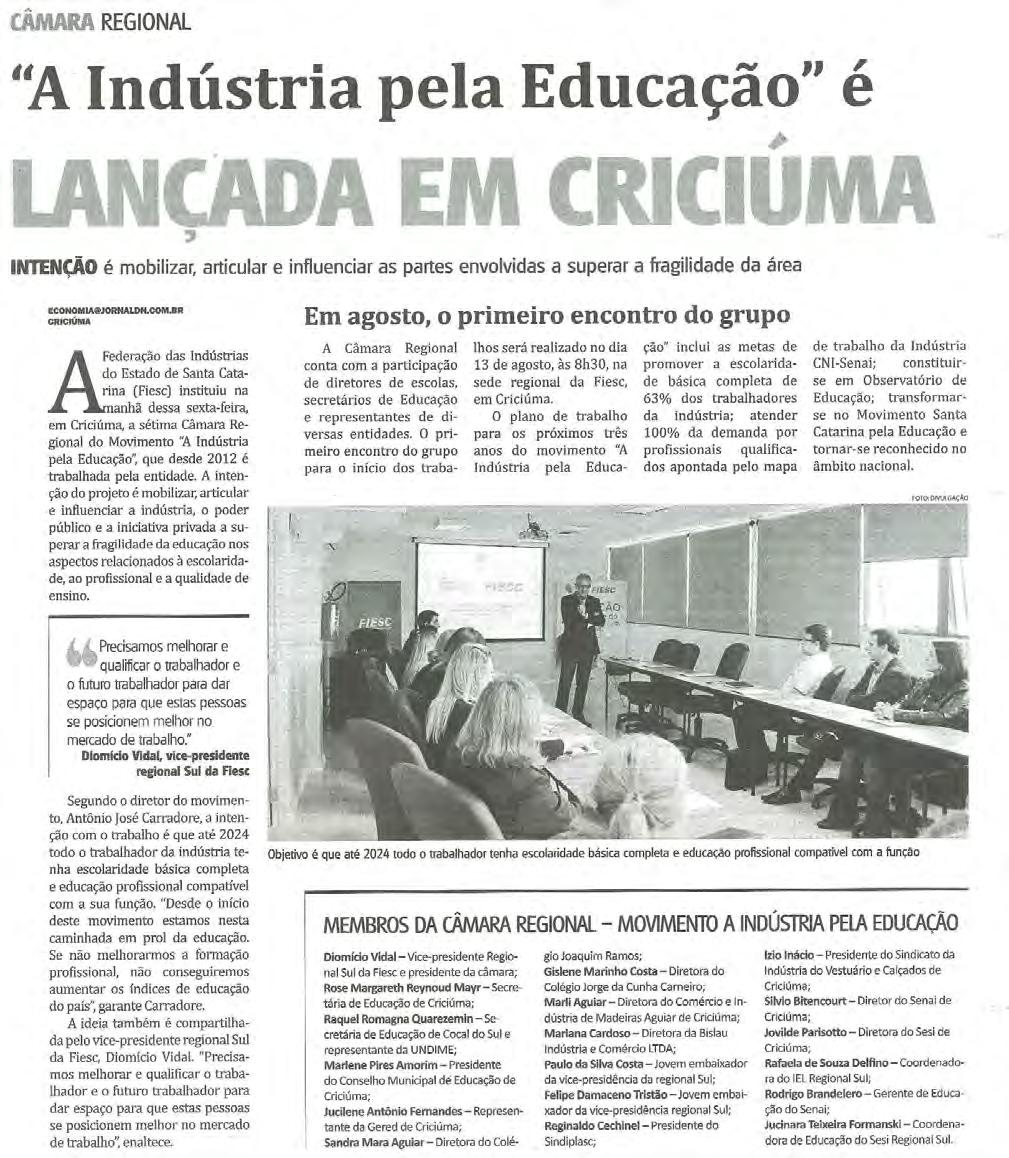 Título: "A Indústria pela Educação" é lançada em Criciúma - Data: 18/07/2015 -