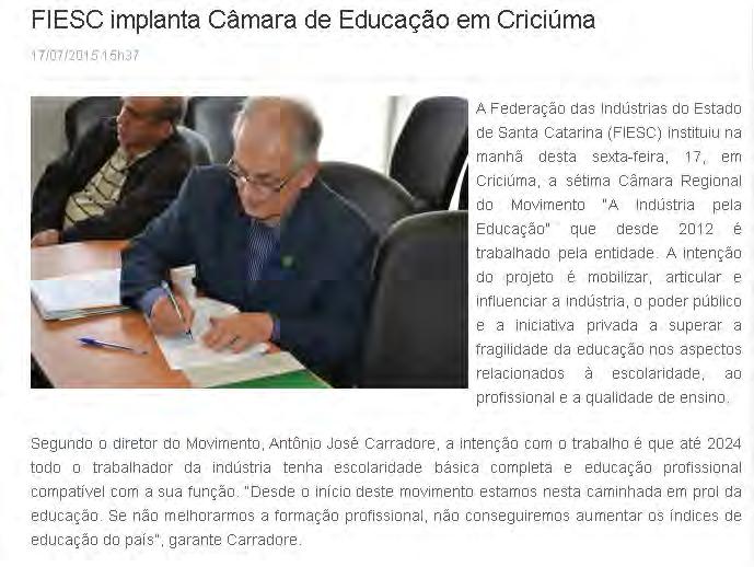 Título: FIESC implanta Câmara de Educação em Criciúma - Data: 18/07/2015