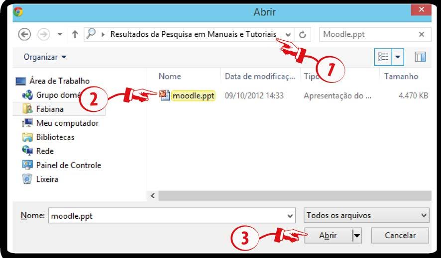 Busque no seu computador o caminho (1) do arquivo a ser adicionado, clique sobre o documento (2) e, após, no botão abrir (3). Figura 6 Pasta - Abrindo o arquivo para adicioná-lo no Moodle 3.