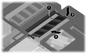 c. Empurre cuidadosamente o módulo de memória(3), aplicando pressão nas extremidades direita e esquerda, até que os clipes de retenção fiquem devidamente