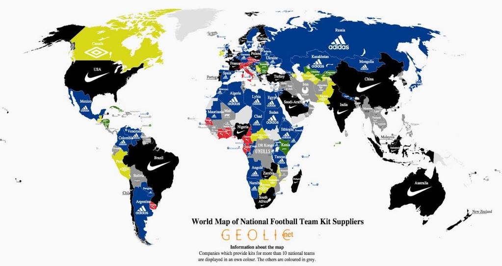 Exemplo 2 Mapa mostrando os países que vendem a mesma marca de roupas e calçados.