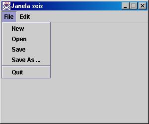 Interfaces Gráficas e Eventos - 25 As classess JMenuBar, JMenu, JMenuItem. Uma barra de menus (JMenuBar) é a barra onde são colocados os menus. Um menu (JMenu) é um item de uma barra de menus.