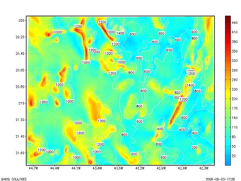 Figura 3. Velocidade média do vento (m/s) a 80 m. Médias sazonais. Esquerda: agosto-janeiro. Direita: fevereiro julho Figura 4. Fluxo de potência eólica (W/m 2 ) a 80 m. Médias sazonais. Esquerda: agosto-janeiro. Direita: fevereiro julho Figura 5.