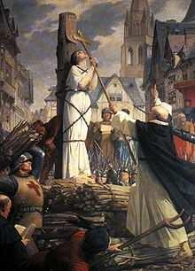 Pintura romântica de Joana D'Arc na Batalha de Orleães. Joana d'arc sendo queimada viva.
