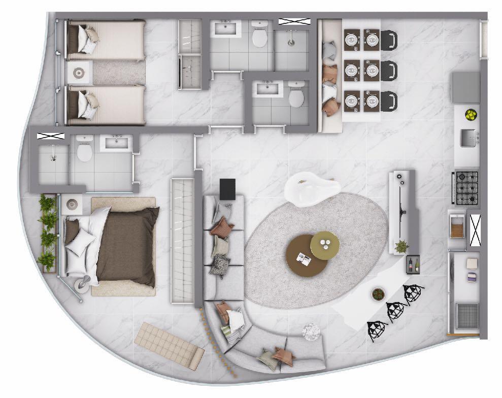 PLANTA COM 89 METROS OPÇÃO 2 : PLANTA AMPLIADA - 2 SUÍTES E SALA AMPLIADA 1 UMA INTEGRAÇÃO ESPETACULAR COM AMPLOS ESPAÇOS. 100% DE ÁREA APROVEITÁVEL.