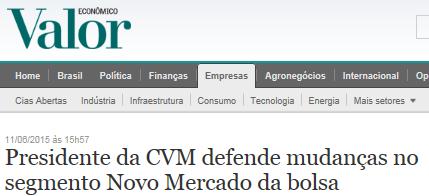 internacionais Resultado da Consulta Pública, conduzida em mar/16, pela BM&FBOVESPA, na qual 64% dos participantes respondeu que o