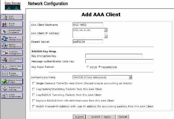 Esta chave secreta compartilhada deve ser a mesma que a chave secreta compartilhada que você configura no WLC. 4. Da autenticação usando o menu suspenso, escolha o RAIO (Cisco Airespace). 5.