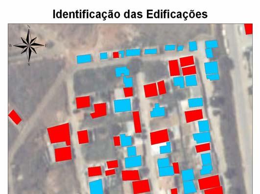 Figura 3: Mapa com a identificação das edificações já existentes no cadastro da Prefeitura Municipal de Viçosa e com as Novas edificações digitalizadas sobre o mosaico.