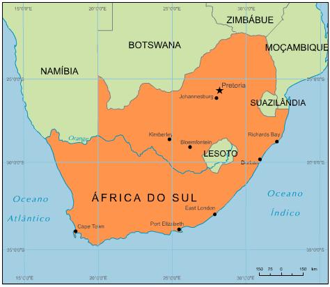 Dados Básicos A África do Sul localiza-se no extremo sul do continente africano e faz fronteiras com Botsuana, Lesoto, Moçambique, Namíbia, Suazilândia e Zimbábue.