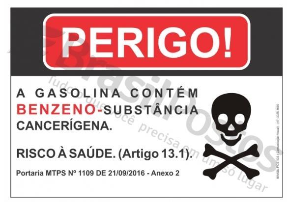 SINALIZAÇÃO BENZENO Placa de Sinalização Portaria MTPS Nº 1109 DE 21/09/2016 Item 13 Os postos de combustíveis devem manter sinalização, em local visível, na altura das bombas de