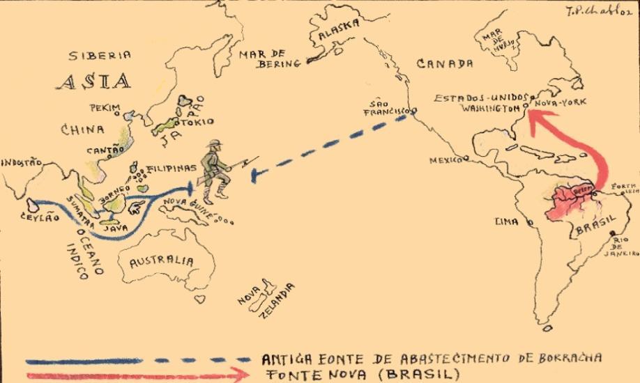 27 Figura 3 - Ilustração informativa sobre o bloqueio Japonês ao abastecimento da Borracha aos EUA. Fonte: Museu de Arte da Universidade Federal do Ceará.