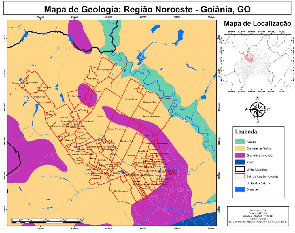 Figura 6 Mapa de geologia da região noroeste de Goiânia (GO) Os materiais de cobertura superficial são representados predominantemente pelos Latossolos, em geral ocorrendo em relevo plano a suave