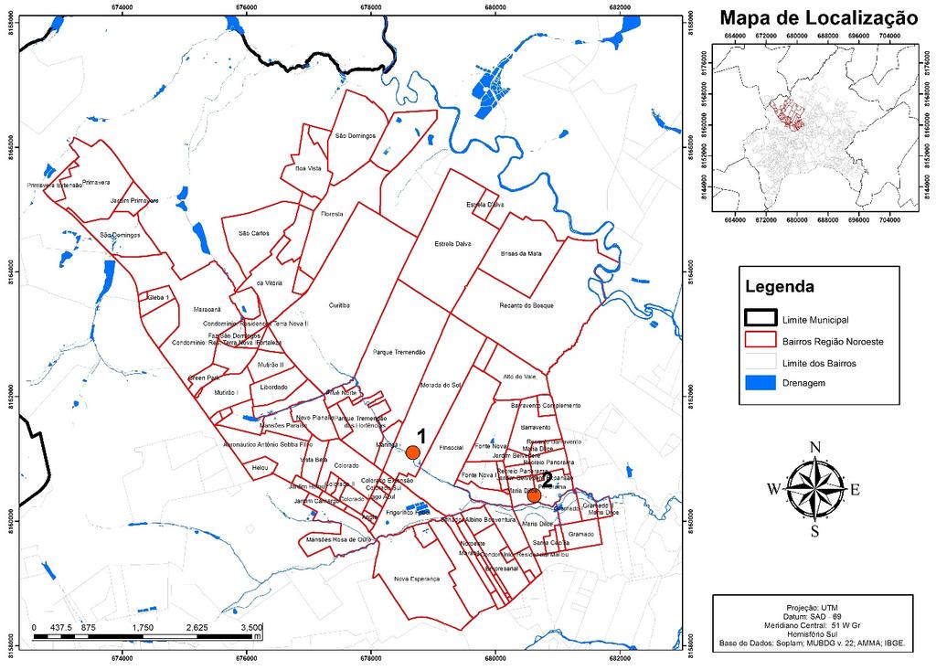 Figura 2 - Mapa de localização dos pontos amostrados com indicação do local de coleta Em campo, as coletas de material tecnogênico foram realizadas utilizando-se tubos de PVC de quatro polegadas, com