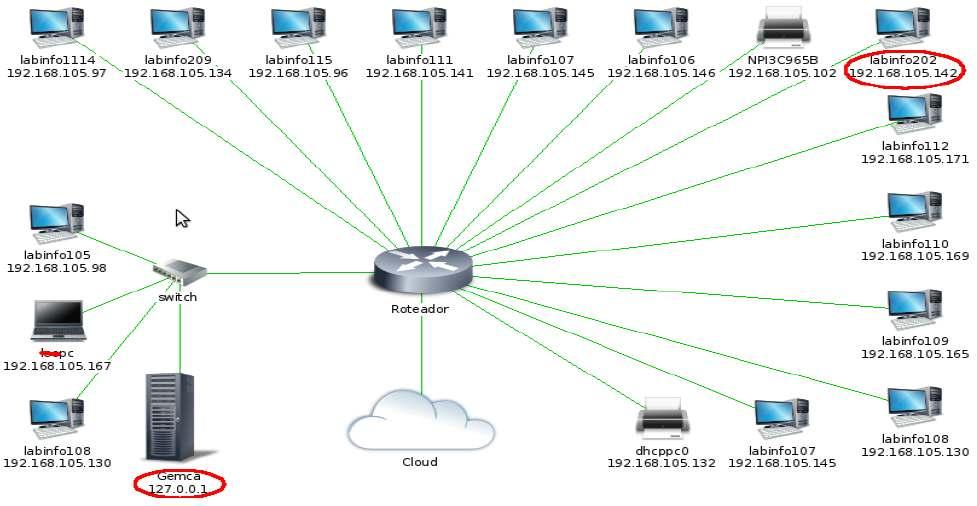 A infraestrutura da rede neste cenário baseada em uma rede local é composta por computadores, impressoras e switchs.