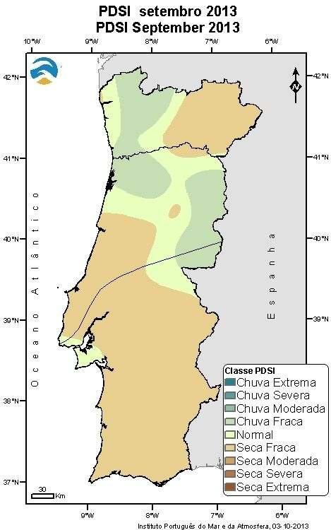 Índice de Seca PDSI Em 30 de setembro de 2013 e segundo o índice meteorológico de seca PDSI 1 (Tabela 4 e Figura 5), verifica-se uma diminuição da área em seca fraca nas regiões do Norte e Centro e