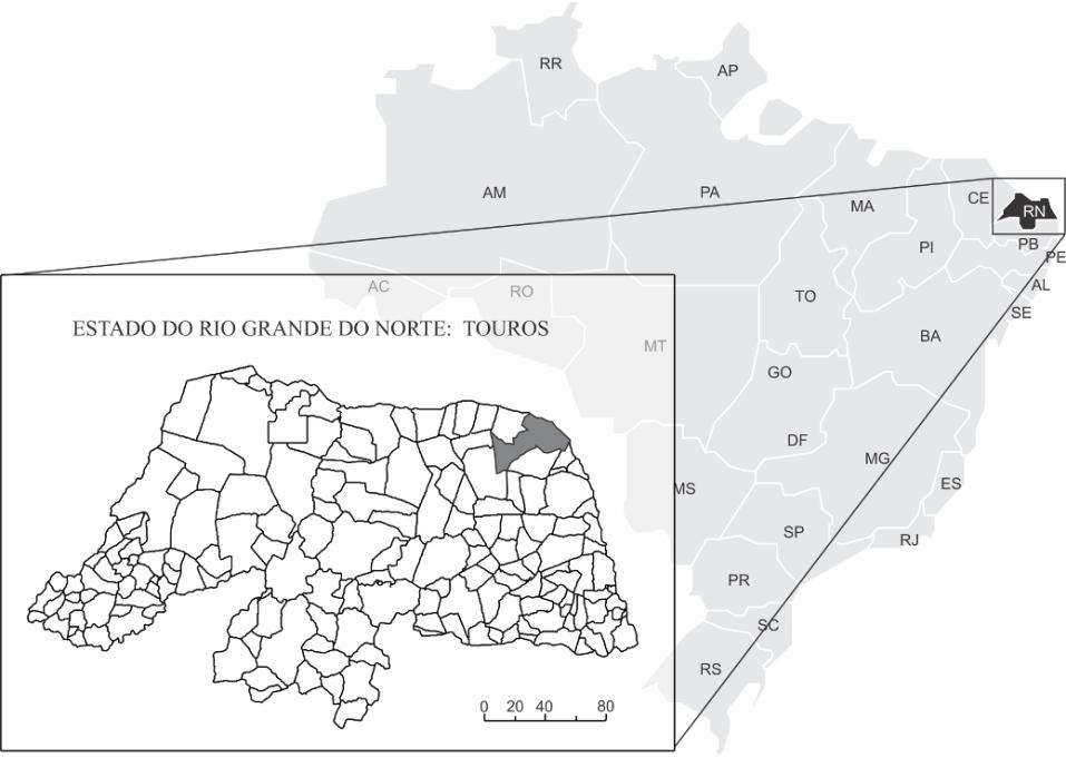 70 Figura - 1 Mapa do Estado do Rio Grande do Norte indicando o Município de Touros local da área de estudo sobre avaliação do risco ocupacional de trabalhadores expostos a agrotóxicos no Município