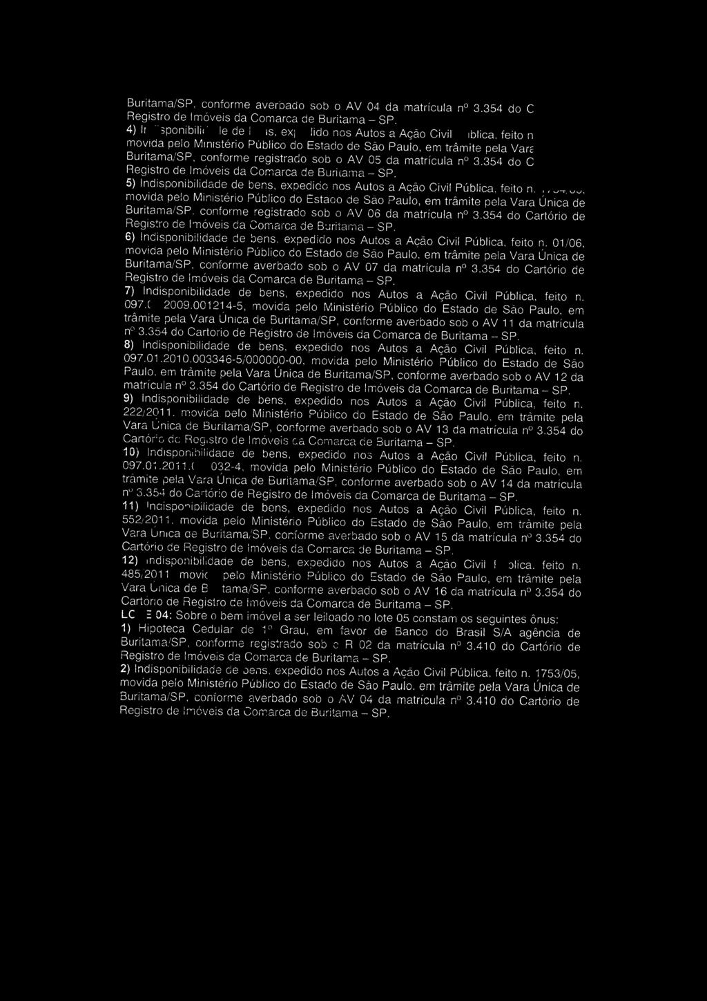 Buritama/SP, conforme averbado sob o AV 04 da matrícula n 3.354 do Cartór" 4) Indisponibilidade de bens, expedido nos Autos a Ação Civil Pública, feito n.