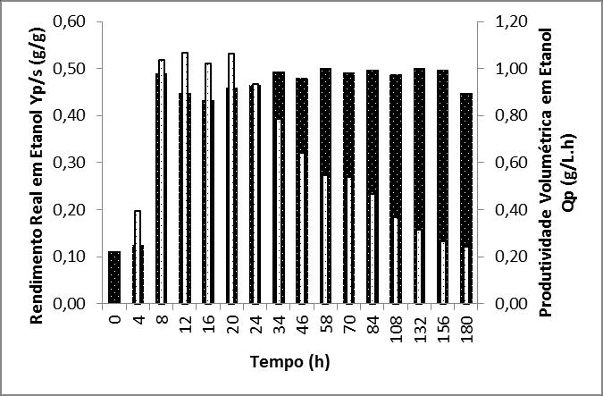 Não foi observado valores crescentes no fator de conversão como a produtividade volumétrica (Qp) e o rendimento real em etanol (Yp/s), Figura 6, como descrito por Hiss (2001).