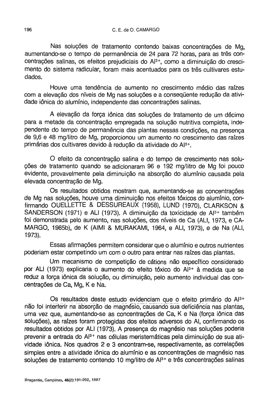 Nas soluções de tratamento contendo baixas concentrações de Mg, aumentando-se o tempo de permanência de 24 para 72 horas, para as três concentrações salinas, os efeitos prejudiciais do Al 3+, como a