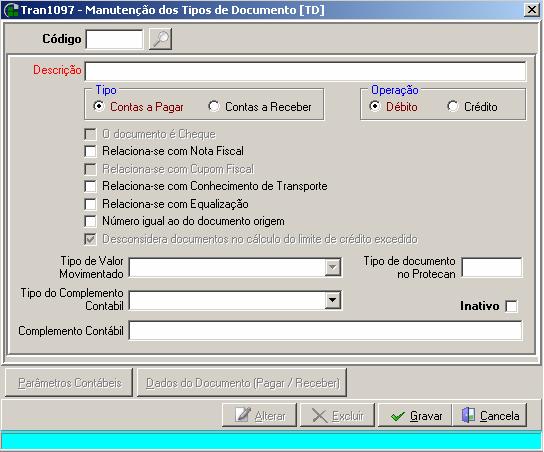 opções Tipo - Contas a Pagar e Operações Débito. Logo após efetuar a configuração dos Parâmetros Contábeis.