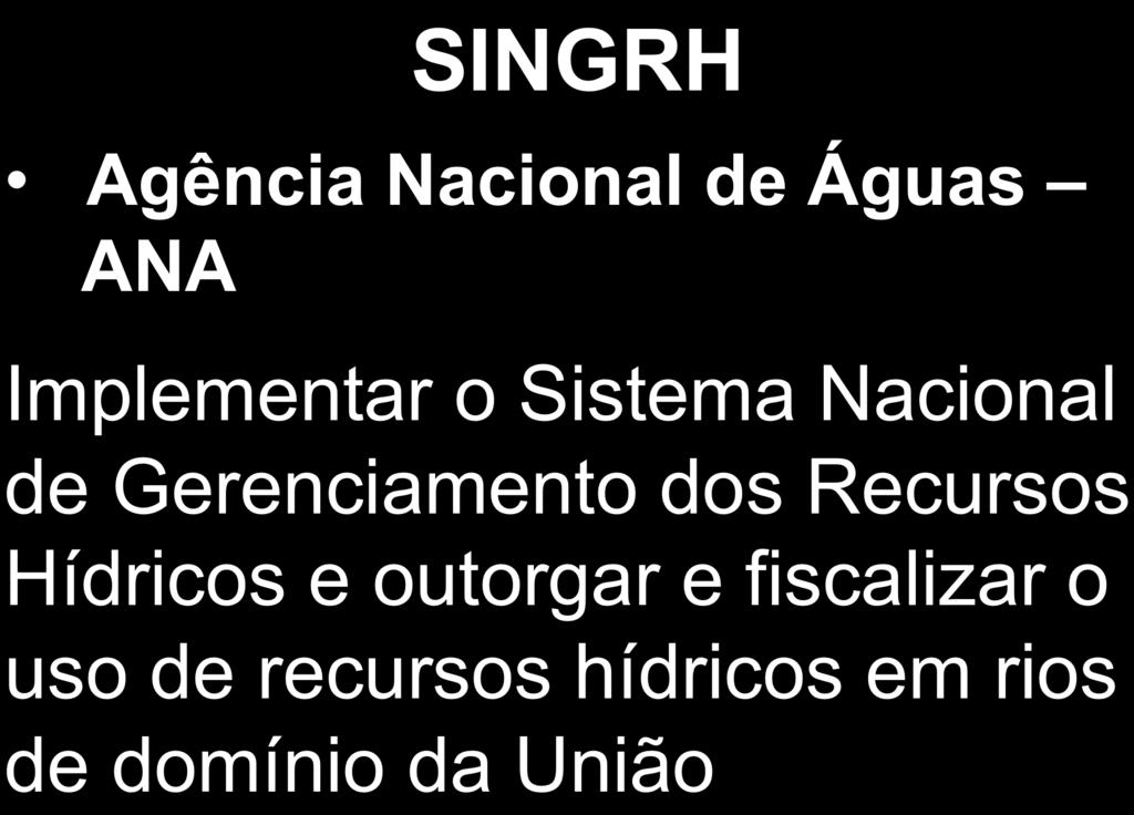 SINGRH Agência Nacional de Águas ANA Implementar o Sistema Nacional de Gerenciamento dos