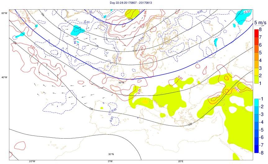 Análise - 4ª Semana (07/08 a 13/08): Configuração sinóptica média para a 4ª semana Geopotencial aos 500hPa (linha a cheio), anomalia da temperatura a 2 metros (sombreado), anomalia do vento a 10