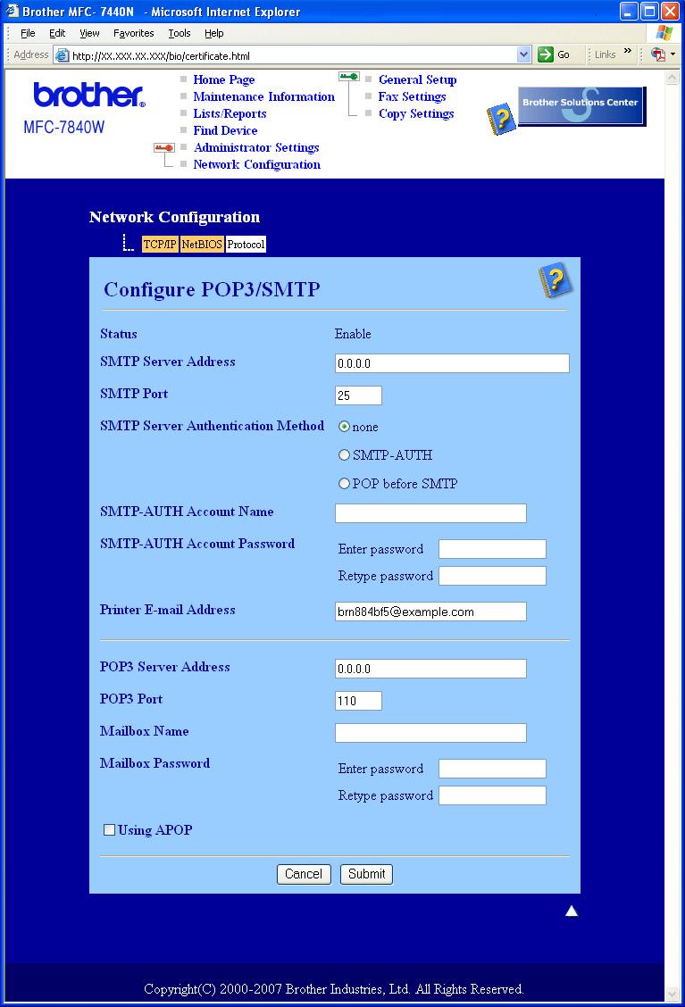 Recursos de segurança g Você pode fazer as configurações de POP3/SMTP nesta página. Você pode também alterar o número da porta SMTP utilizando o Gerenciamento via Web.