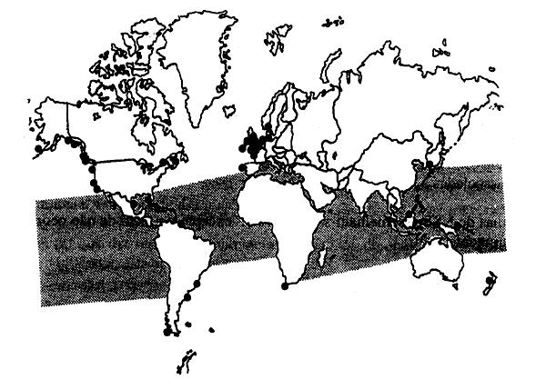 Figura: Distribuição mundial de surtos de intoxicações por toxinas paralisantes de bivalves (pontos pretos). Dados da WHO (1984a), Halstead e Schantz (1984) e Lupin (1992). Fonte: www.fao.