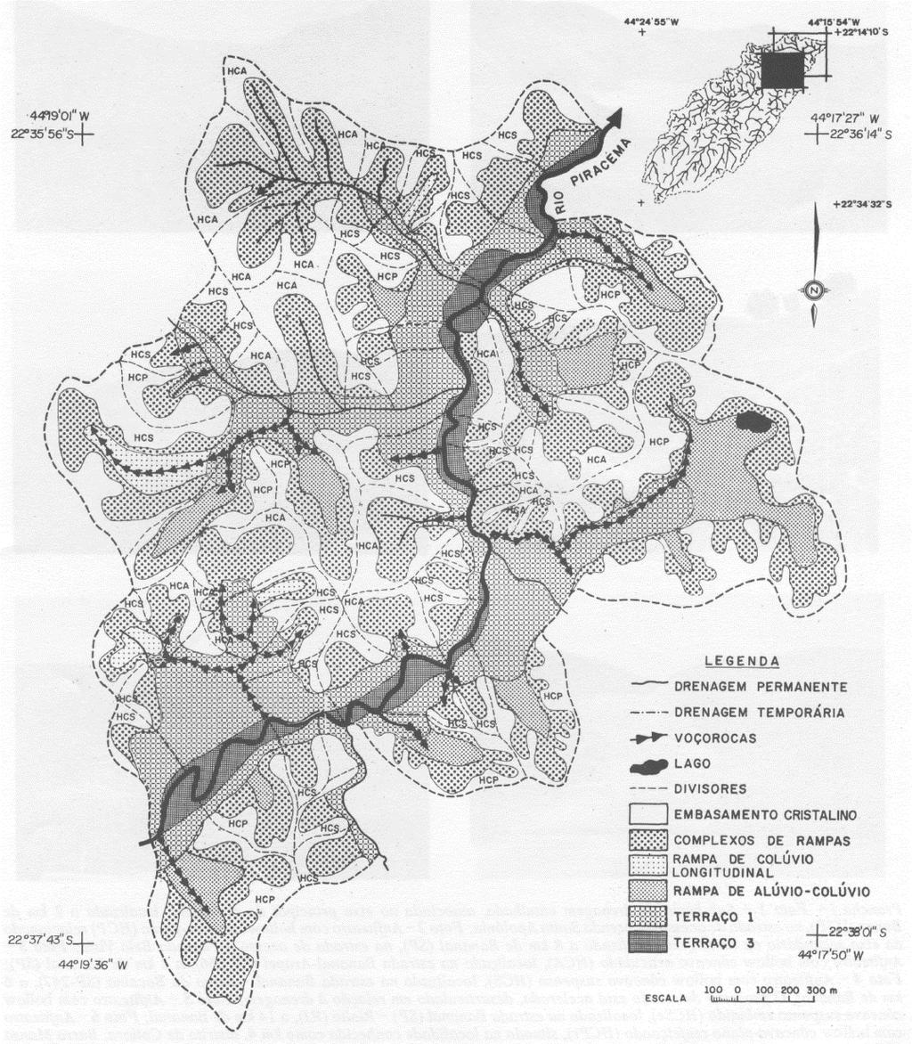 264 Revista Brasileira de Geociências, Volume 21, 1991 Figura 8 - Mapeamento geomorfológico de um segmento do médio-baixo curso da bacia do Rio Piracema, região de Bananal (SP/RJ).