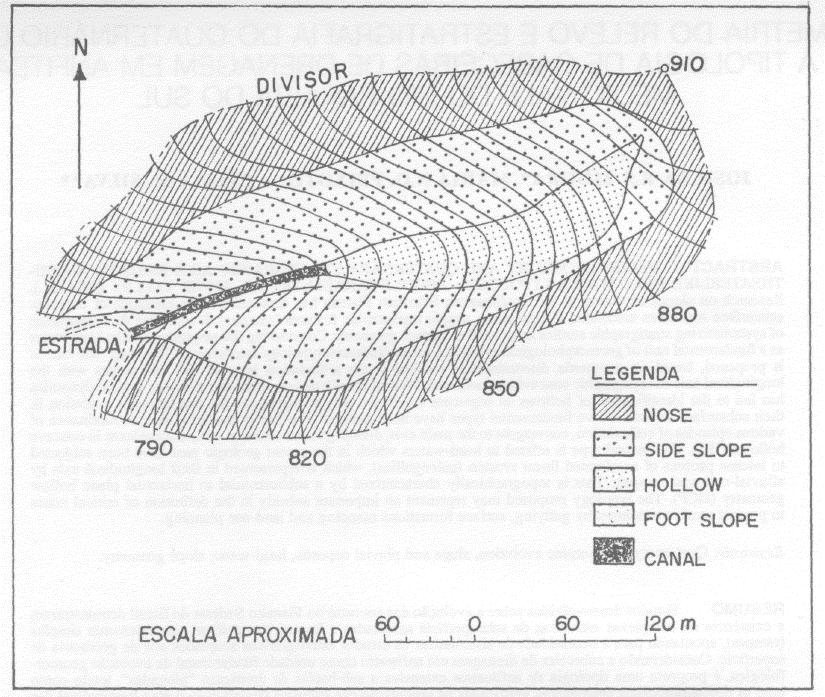256 Revista Brasileira de Geociências, Volume 21, 1991 Figura 1 - Topografia de uma cabeceira de drenagem com a representação dos segmentos de encosta propostos por Hack & Goodlett (1960).