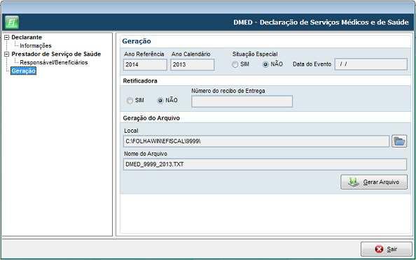 da DMED / Geração da DMED Grupo IOB Folhamatic EBS > Sage