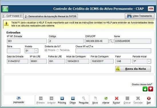 Movimentos / Controle de Crédito do ICMS do Ativo Permanente CIAP / CIAP Modelo D