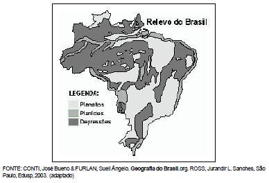 A respeito desse mapa, é INCORRETO afirmar que a) as depressões ocupam uma grande área do espaço territorial entre os planaltos e planícies.