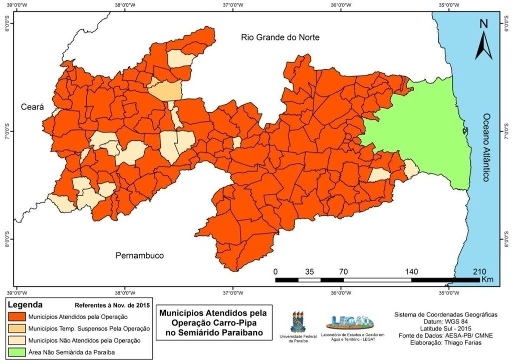 Figura 2: Mapa dos Municípios do Semiárido Paraibano Atendidos pela Operação Pipa em 2015.