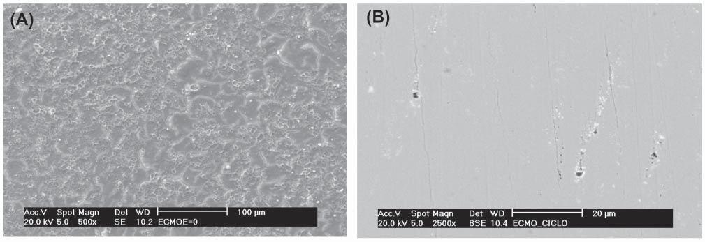 Priscila Anunziato et al. Figura 8 - Microscopia eletrônica de varredura da superfície do aço 430 após imersão em H 2 1 mol L -1 com TT e polarização; (A) Estática e (B) Cíclica.