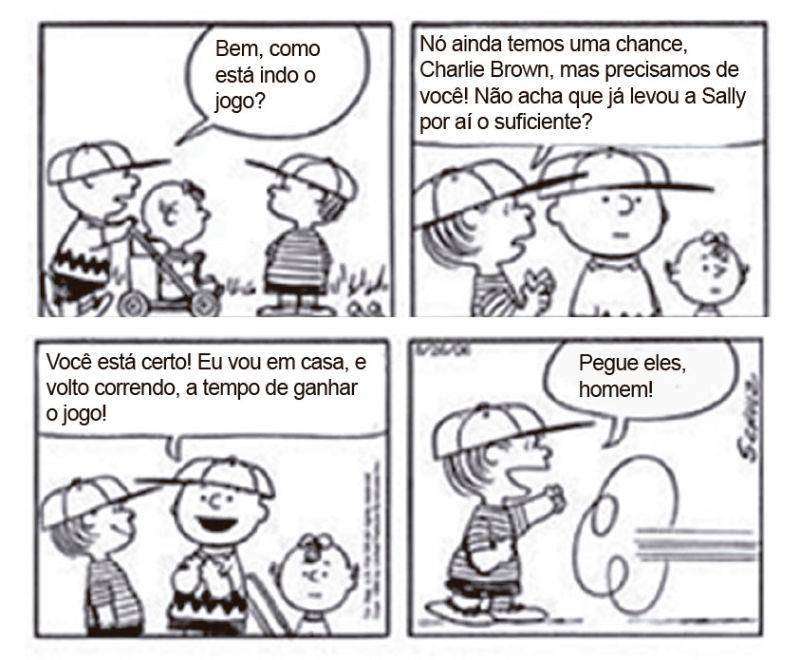 O último quadrinho faz referência a uma marca da linguagem coloquial bastante comum, que diz respeito ao uso de pronome pessoal reto, em vez de pronome oblíquo.