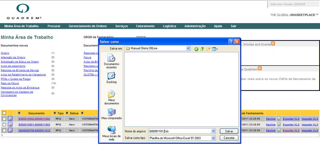 documento pendente (Quote Oferta) Clique em Exportar XLS para preencher sua