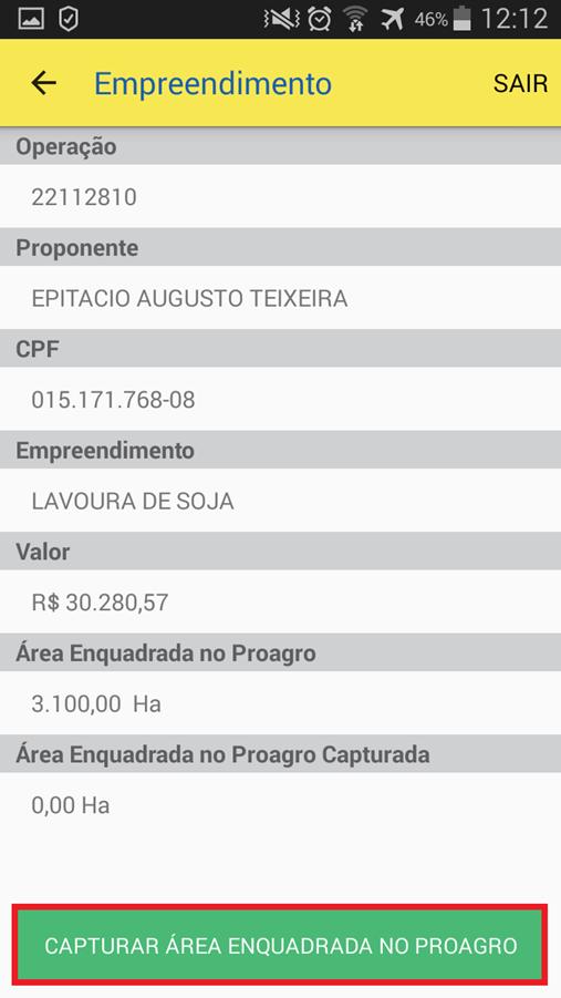 É possível conferir os dados do Empreendimento do Proagro como o número da Operação, Proponente, Tipo de Empreendimento, Valor, Área Enquadrada declarada no Proagro e o Total de Áreas