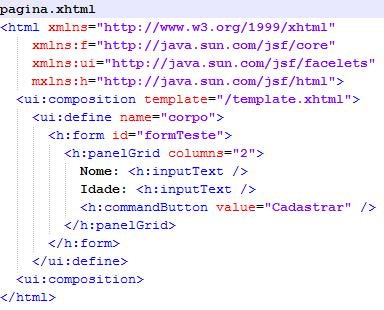 55 QUADRO 9 - Página implementando e definindo as diretivas do modelo. Outro recurso importante do Facelets é a facilidade na criação de componentes reutilizáveis, denominados Composite Components.