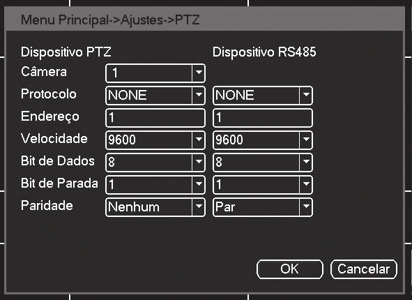 Câmera: Selecione o canal onde a câmera PTZ foi instalada; Protocolo: Selecione o protocolo da câmera PTZ que foi instalada; Endereço: Preencha com o endereço da câmera PTZ instalada.