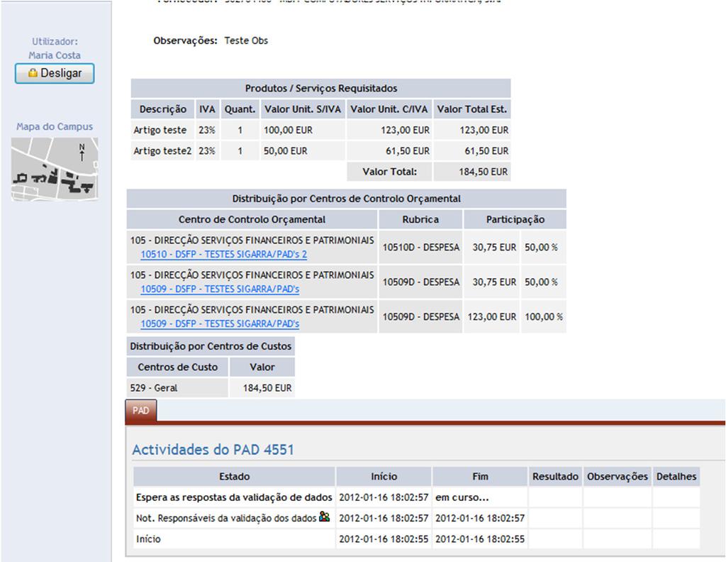 respetivo Autor/Responsável com o Estado Espera validação de dados de CCO s no PAD.