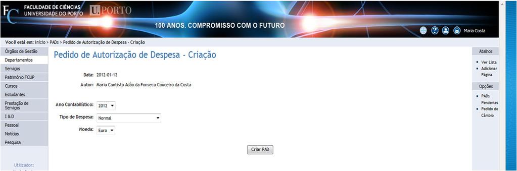 1. Criação de PAD no Sigarra : Passo 4_ Selecionar o Tipo de Despesa correspondente