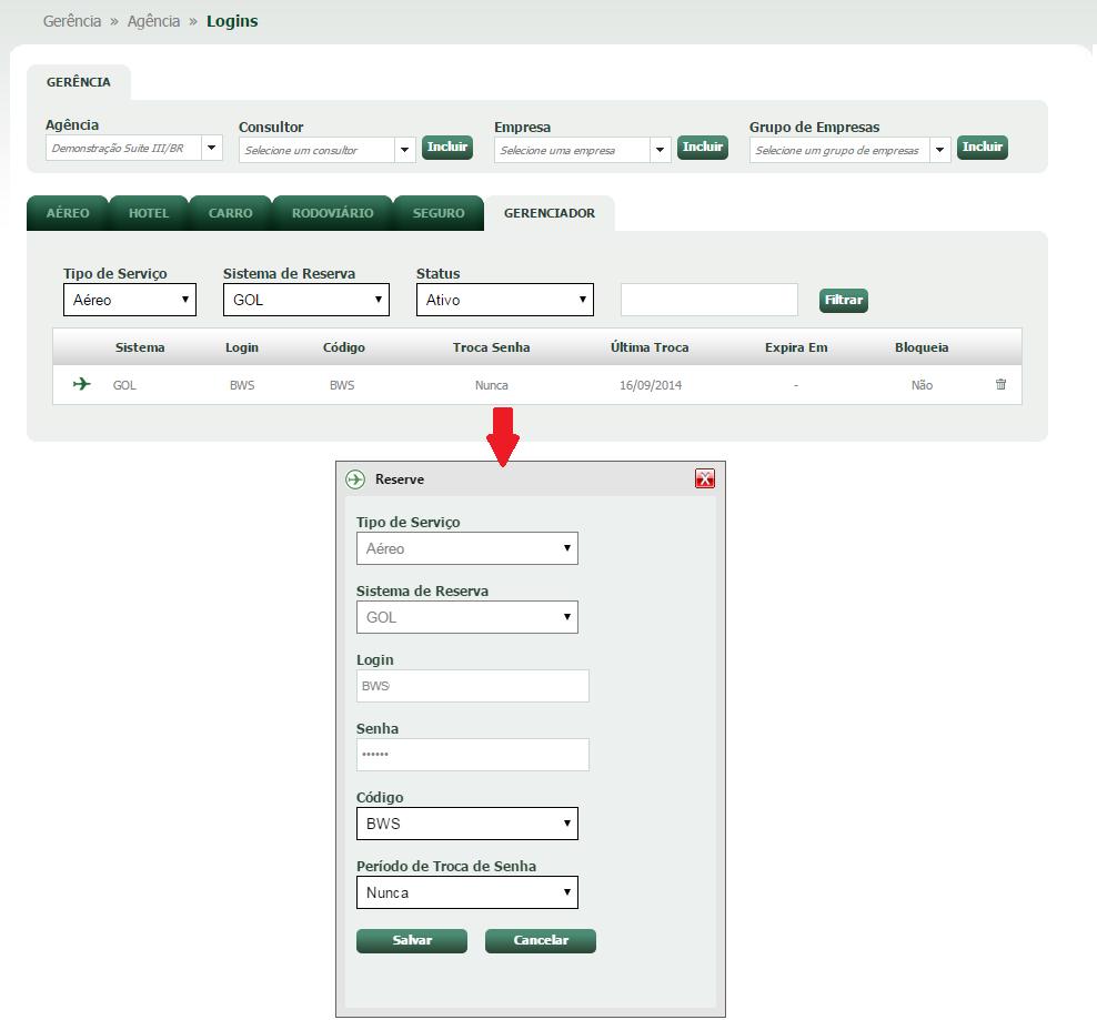 Sistema: Sistema de reservas integrado Login: Login cadastrado no fornecedor Código: Trata-se do código fornecido pelo fornecedor Troca de Senha: De quanto em quanto tempo deve ser realizada a troca